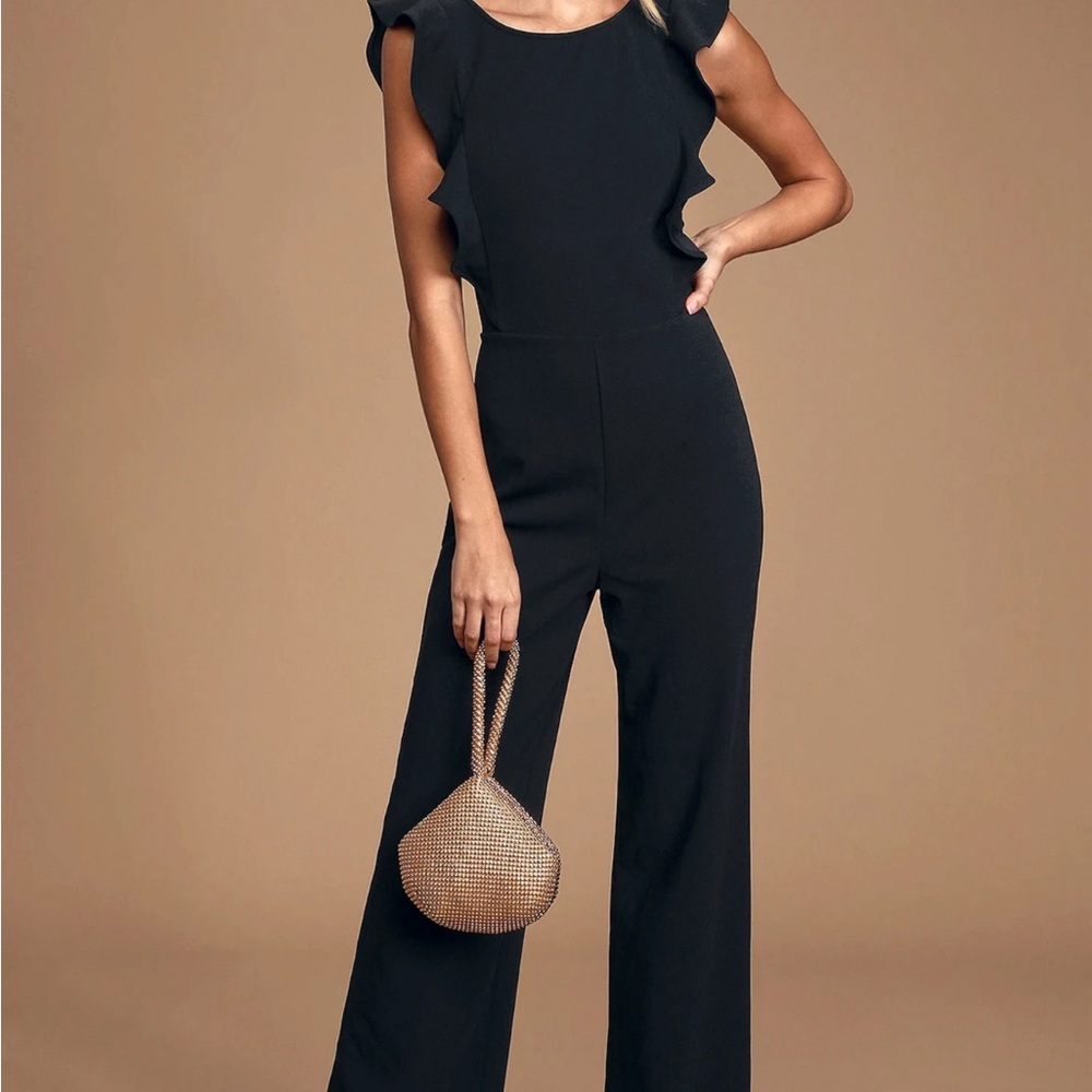 Lulu's Black Wide-Leg Jumpsuit with Ruffled Sleeves